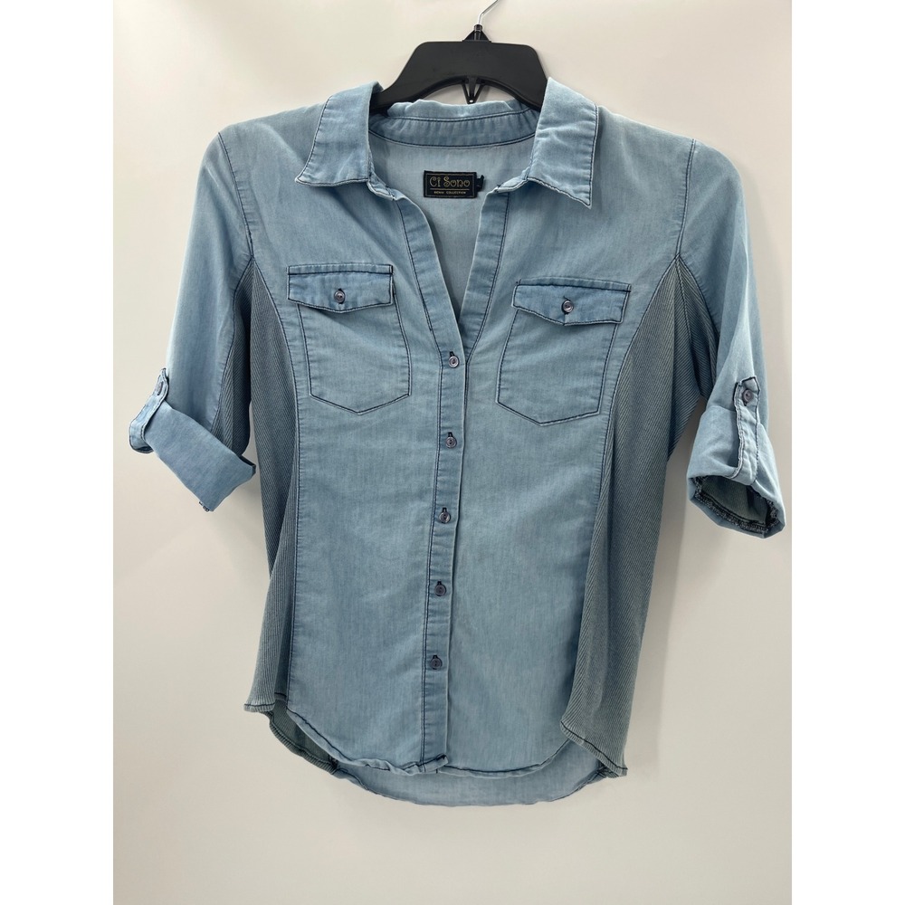 Ci Sono Denim Collection Light Wash Ribbed Panel Button Down‎ Shirt Womens Large